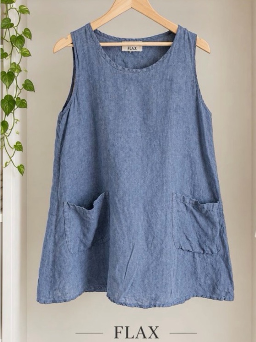 FLAX Women's Blue Sleeveless Linen A-Line Tunic with Pockets Small